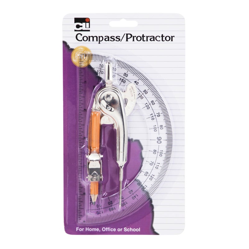 Charles Leonard Ball Bearing Compass and 6 Inch Protractor Combo Set, Metal/Clear Plastic, Assorted Colors, 1 Combo Pack (80960) - Image 1